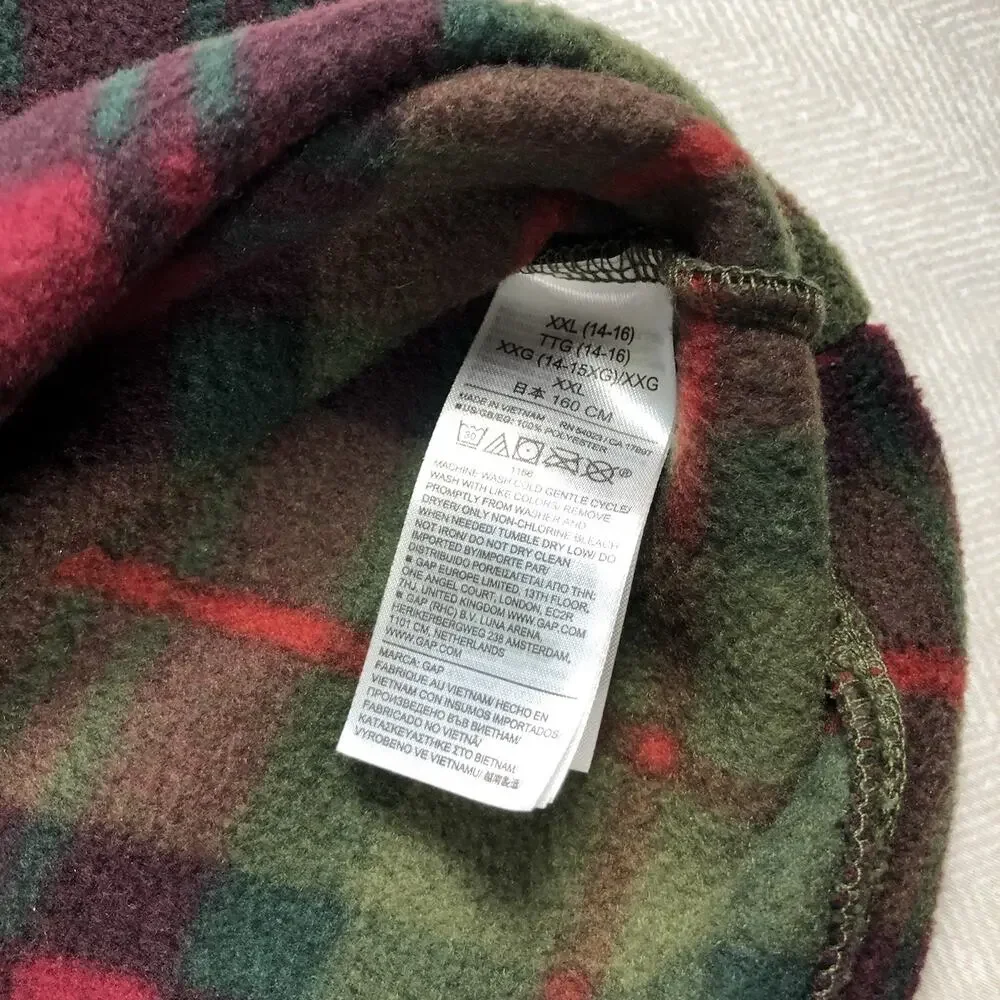 Gap Plaid Half Zip Fleece Pullover Shirt Jacket XXL 14-16 Boys Green Red Plaid